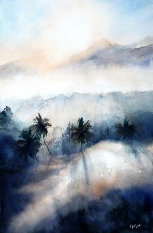 a watercolor painting of a fog in the jungle of bali
