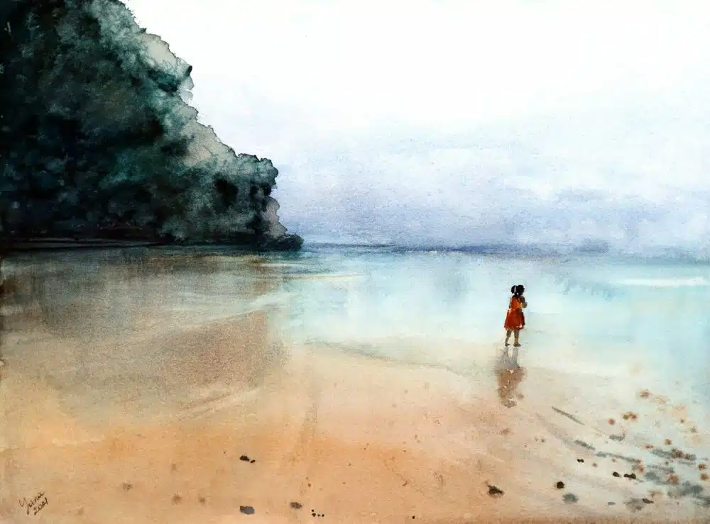 A girl on the Balinese beach a watercolor painting of a little girl on the balinese beach