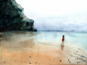 a watercolor painting of a little girl on the balinese beach