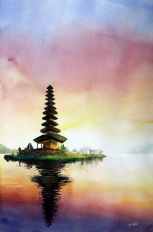 A watercolor painting of a Balinese temple in sunset