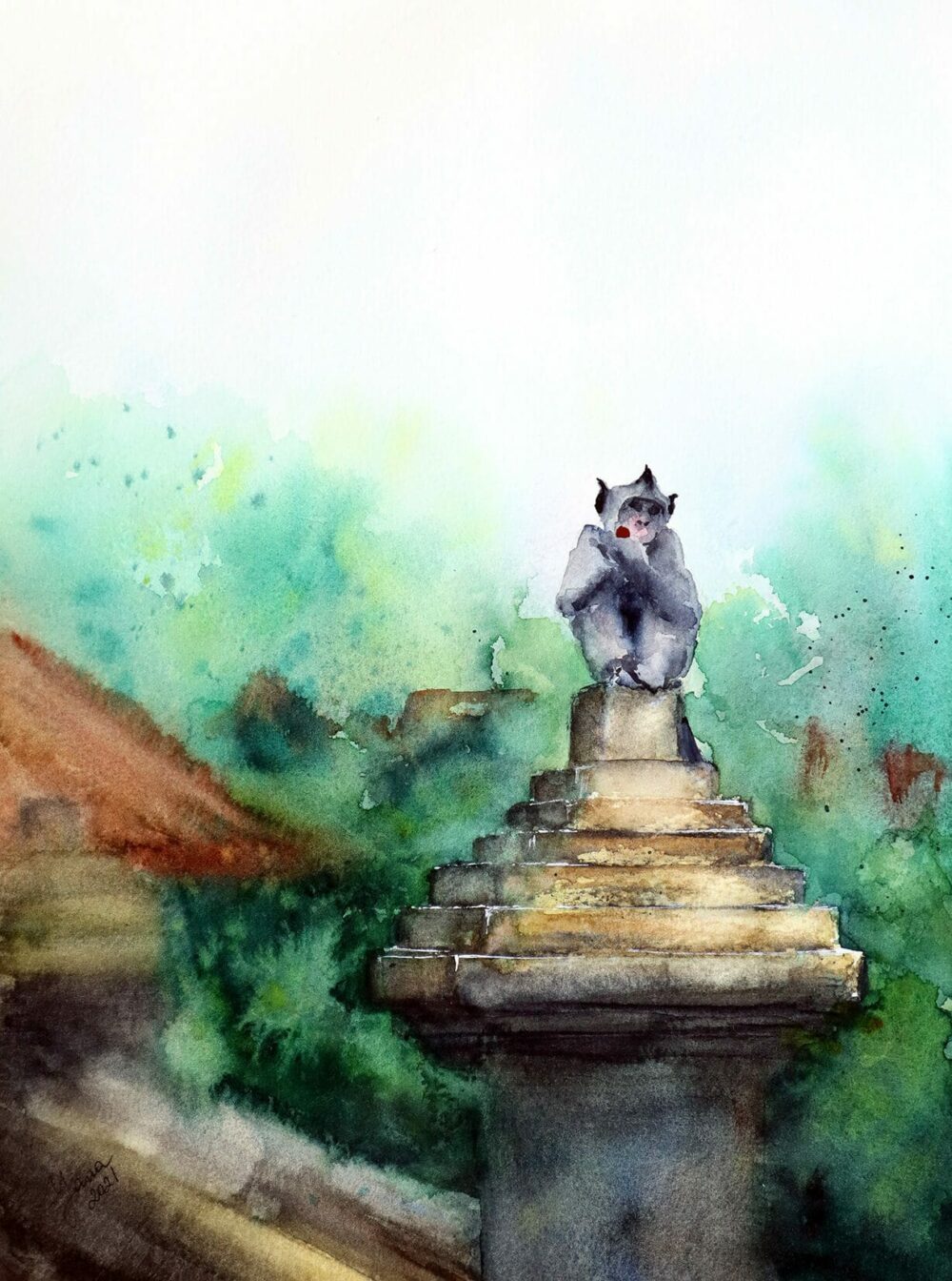 watercolor painting of a monkey in bali