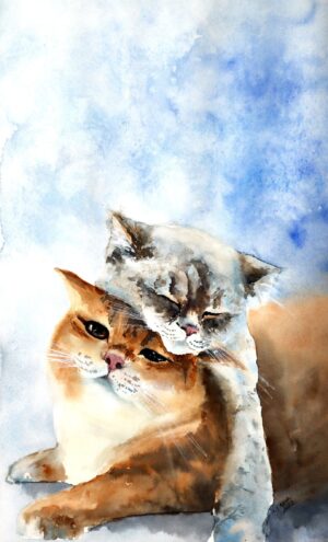 original watercolor painting of cuddling fluffy cats