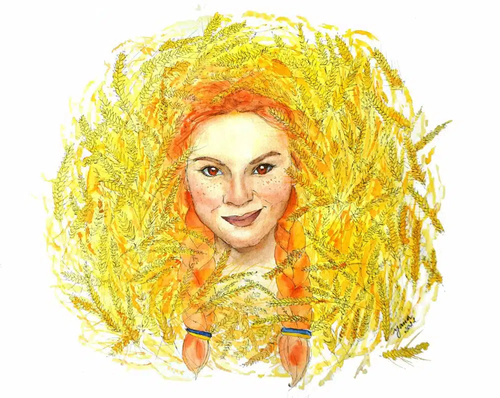 a watercolor painting of a ukrainian girl portrait surrounded with spica plant