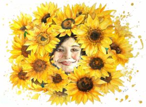 a watercolor painting of a ukrainian girl with sunflowers