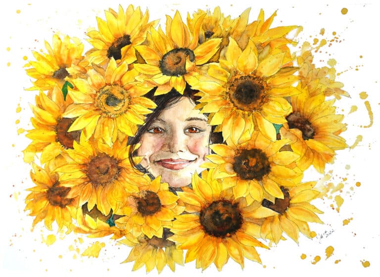 a watercolor painting of a ukrainian girl with sunflowers