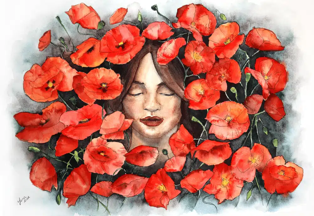 Ukrainian girl with poppies a portrait of ukrainian girl with poppy flowers painted in watercolor