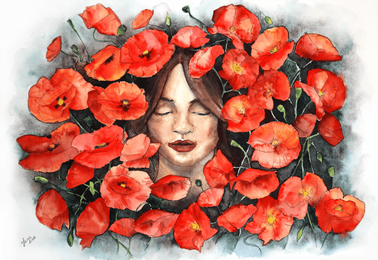 a portrait of ukrainian girl with poppy flowers painted in watercolor