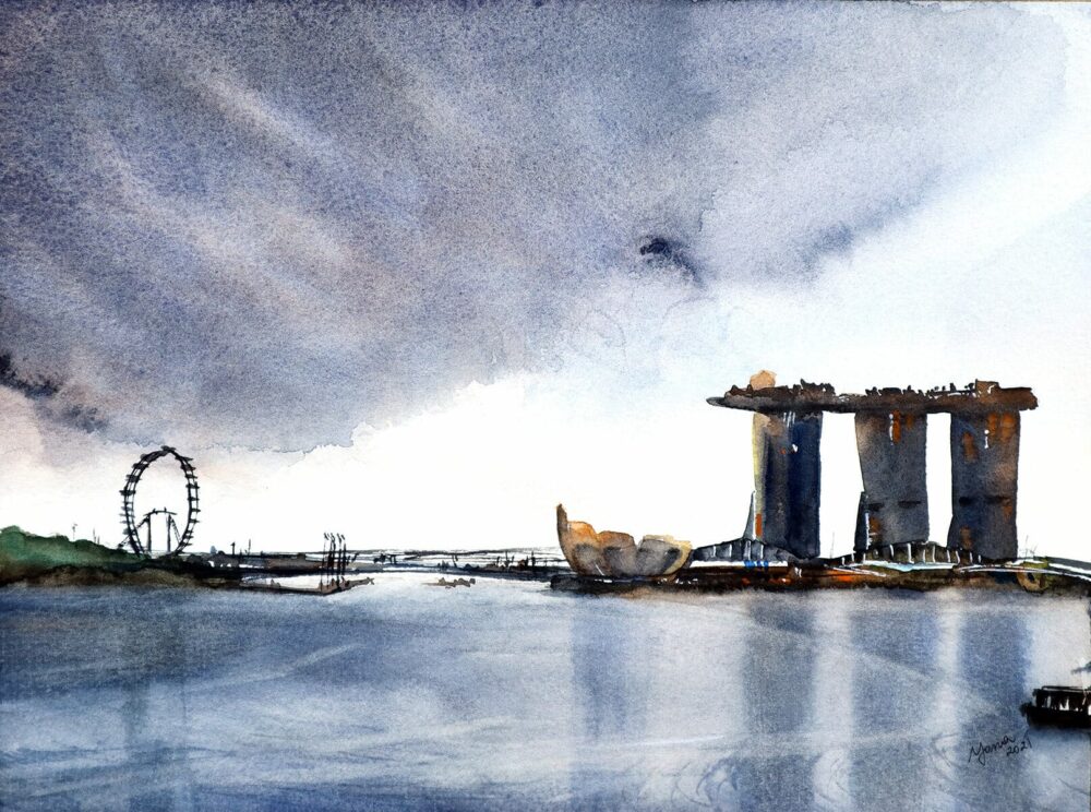 original watercolor painting of singapore in impressionistic style