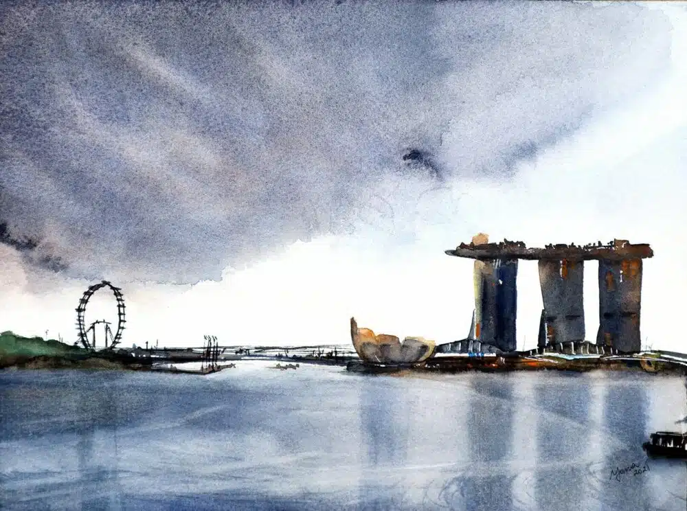original watercolor painting of singapore in impressionistic style