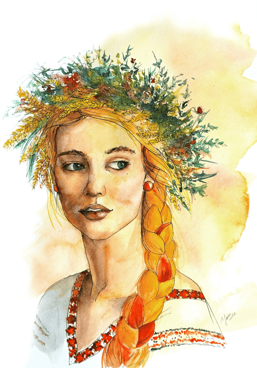 watercolor portrait of a woman in traditional Ukrainian clothes