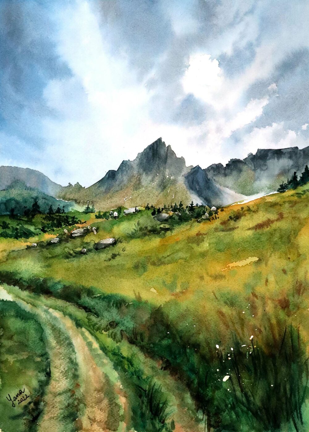 original watercolor painting of a green landscape in tour du mont blanc