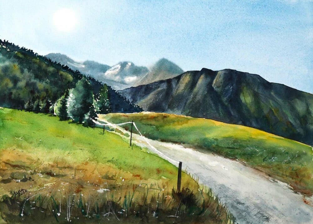 a watercolor painting of a valley in the alps tour du mont blanc