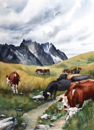 original watercolor painting of a green landscape with cows in tour du mont blanc