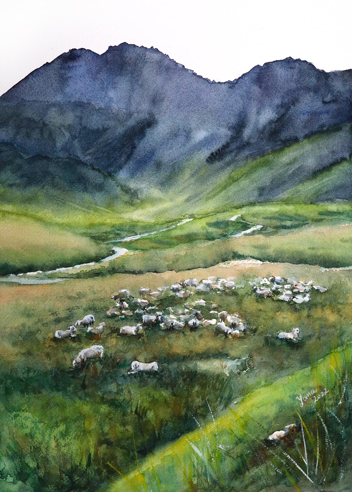 a watercolor painting of a green meadow with dogs and sheep in the alps
