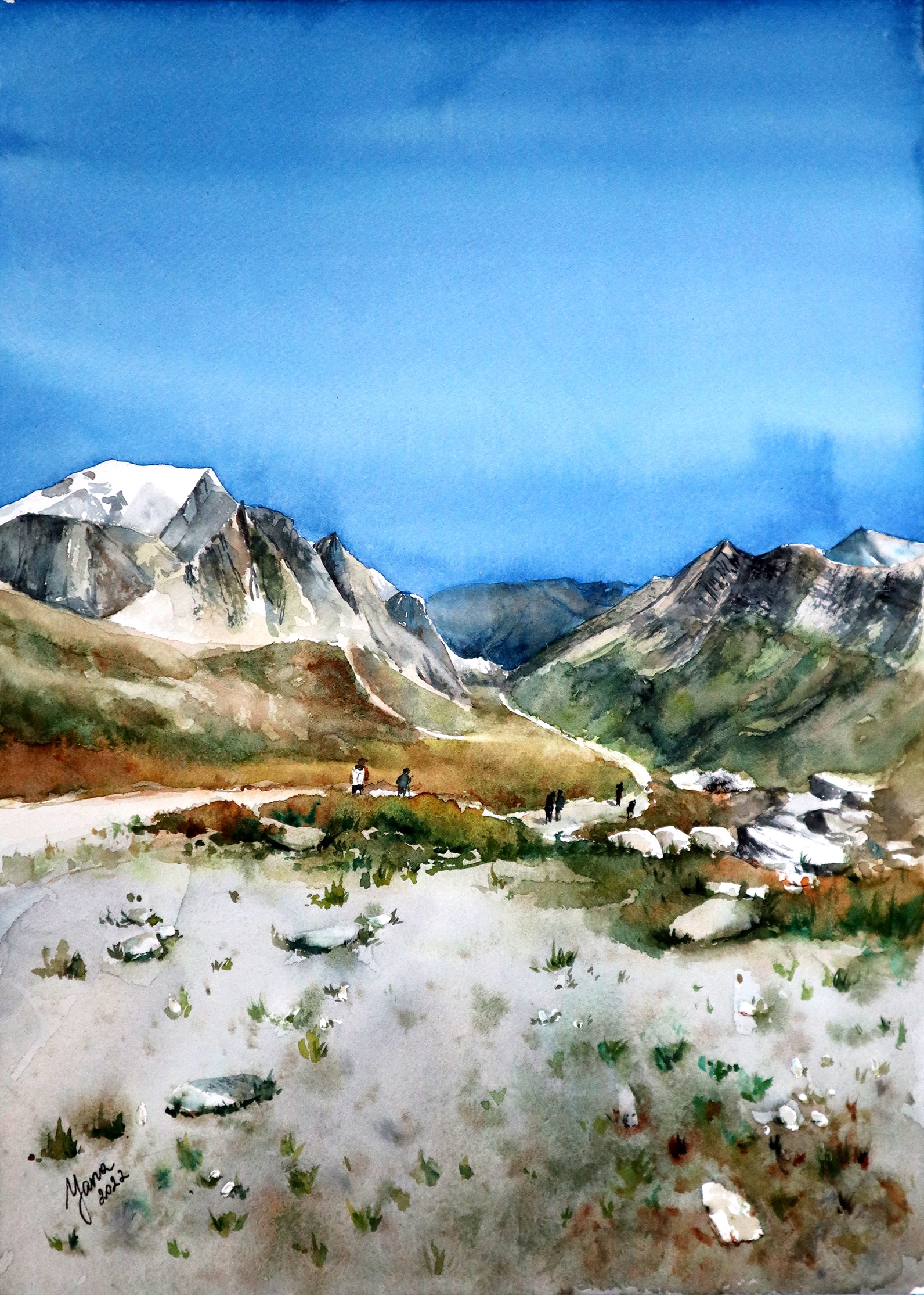 watercolor painting of a rocky mountain landscape on the Tour du Mont Blanc