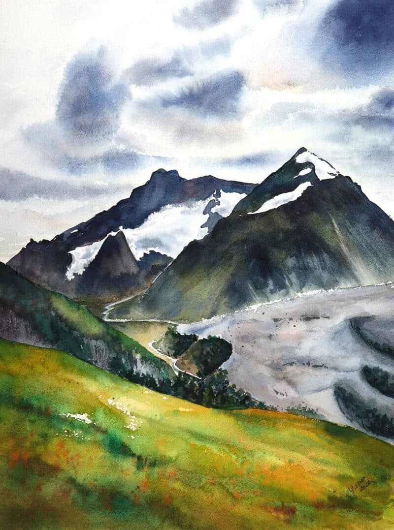 watercolor painting of mont blanc with snow