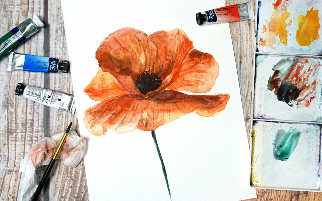 Paint a poppy flower with watercolor step by step