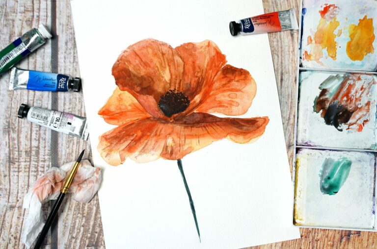 Paint a poppy flower with watercolor step by step